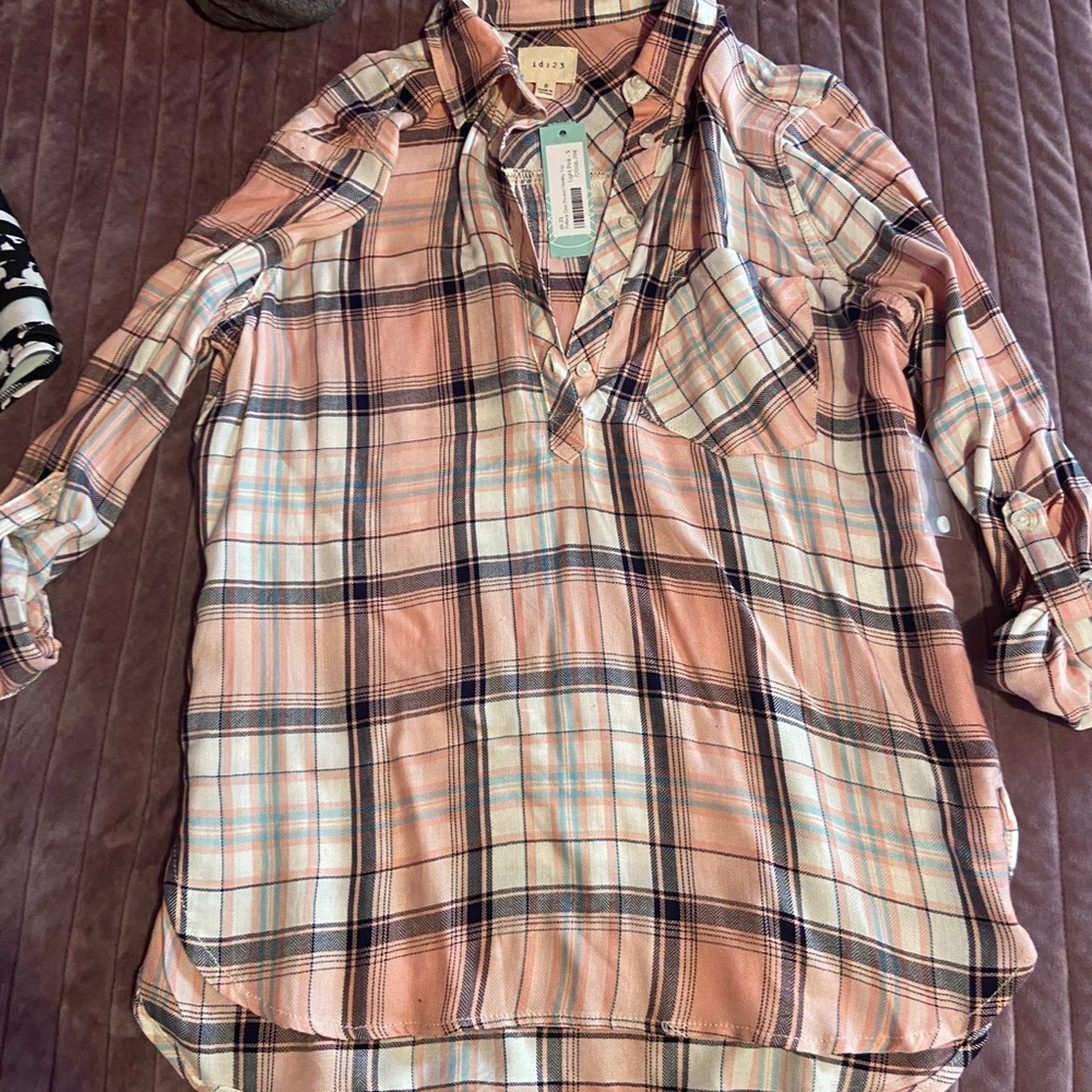 Pink plaid shirt with rollup sleeves
